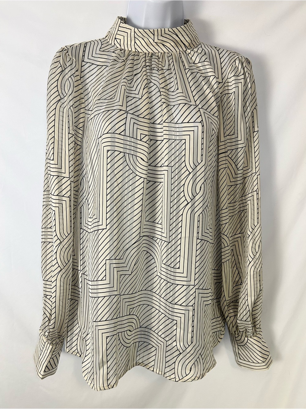 H&M Geometric Print High Neck Blouse Black Cream Long Sleeve Medium